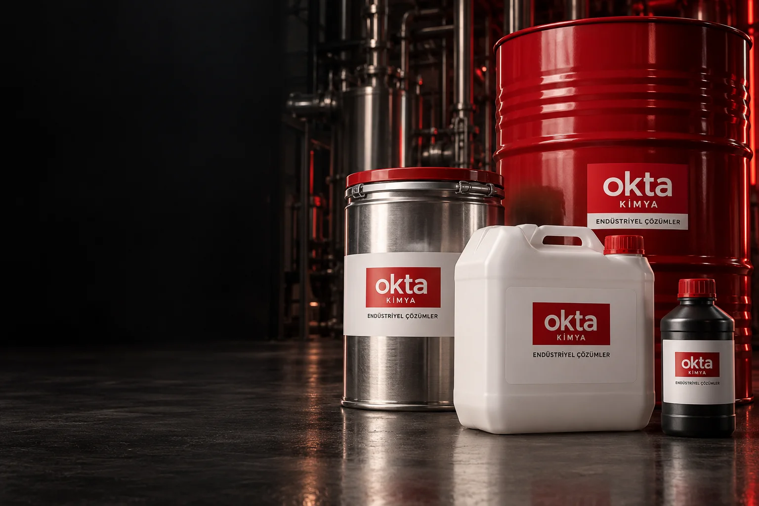 Okta Kimya için hazırlanmış temsili endüstriyel ürün ambalajları